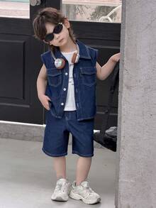 DAZY Young Boy Summer Casual Front Button Flap Pocket Denim Vest And Denim Shorts Set - Blue - View 3