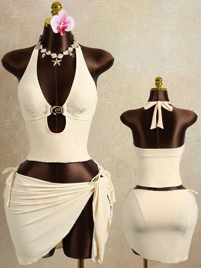 Zestiva Women's Metal Decor Spaghetti Strap White 3 Pieces Bikini Set, Backless Camisole Swimwear For Beach Vacation , Casual Sets For Women