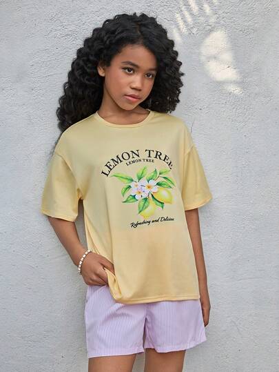 少女休闲度假粉黄条纹印花圆领T恤套装，春夏上衣，适合度假、旅行及各种场合