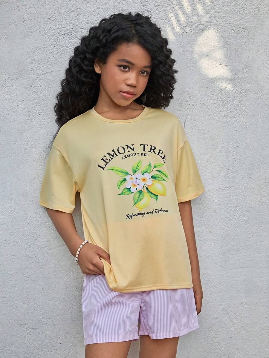 Girls Casual Vacation Pink & Yellow Striped Floral Print Round Neck T-Shirt Set, Summer Tops, Summer Outfits, Fashion Design, Versatile, Suitable For Vacation, Travel, Campus, Daily Wear - Multicolor - View 1