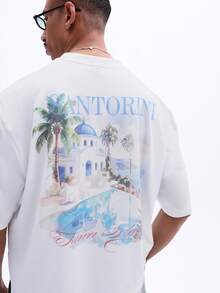 SUMWON Áo thun nam tay ngắn cổ tròn in họa tiết hình ảnh đảo Santorini nhiệt đới, phong cách Địa Trung Hải, thích hợp mặc mùa hè. - trắng - Xem 6