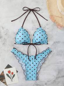 Swim Mod 女士夏季波点印花性感吊带蝴蝶结比基尼两件套泳衣沙滩度假套装 - 藍色 - 查看 7