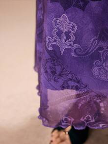 ROMWE PETITE 女士复古印花低腰鱼尾裙 - 紫色 - 查看 4