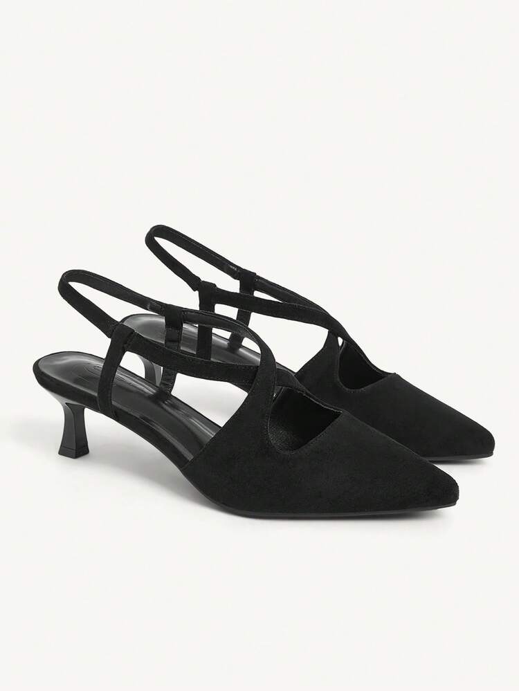 CUCCOO CHICEST Women's Spring/Summer New Strappy Hollow-Out Pointed Toe Kitten Heel Shoes, Elegant Sexy Fashion Minimalist Line Design, Black Fabric, Peep Toe High Heels, Suitable For Dates, Afternoon Tea, Work, Formal Occasions, Parties, Banquets