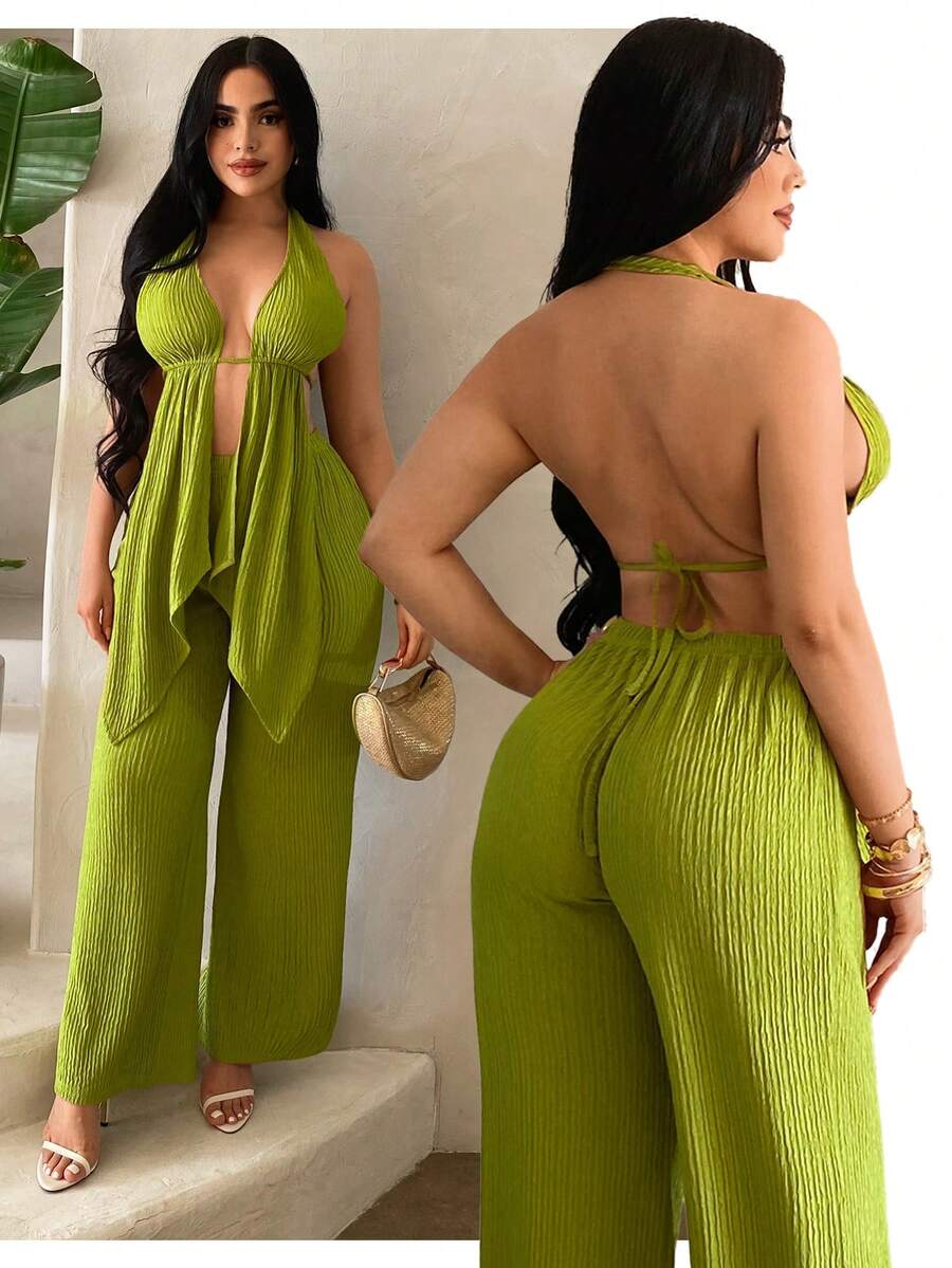 SHEIN SXY 女款橄欖綠兩件套,掛脖露背荷葉邊上衣與寬腿褲,夏季休閒海灘度假度假穿搭,大尺碼 - 橄欖綠 - 查看 1