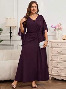 Reflora Plus Size Elegant Party Solid Color Twist Waist Dress - Purple - View 4