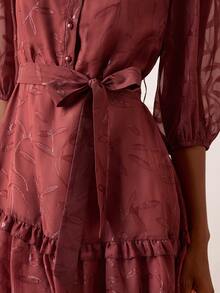 Lilora Đầm ngắn tay lửng xếp ly họa tiết jacquard thanh lịch dành cho nữ - Gỗ đỏ - Xem 8