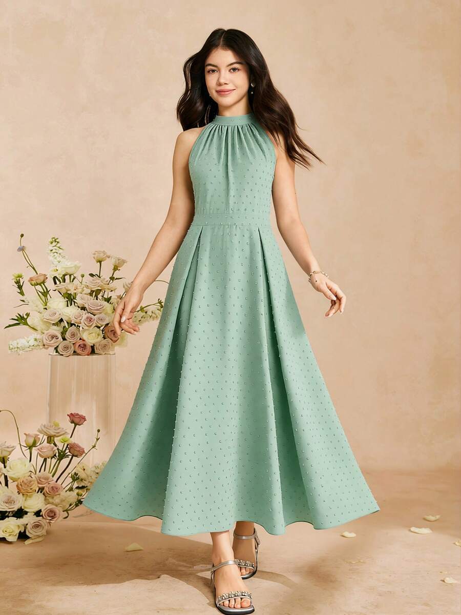 SHEIN Teen GirlGreen Halter Neck Woven Jacquard Dress, Fashionable & Elegant, Suitable For Daily Wear, Birthday, Graduation, Wedding And Other Occasions - Green - View 1