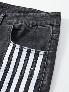 ROMWE MEN Men's Summer Casual Rhinestone Patchwork Striped Slant Pocket Denim Jeans - Black - View 7