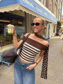 Aloruh Women's Off-Shoulder Striped Fitted Cropped Tank Top - Coffee Brown - View 4