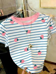 Resyla Áo thun nữ tay ngắn cổ tròn kẻ sọc in hình dâu tây, kiểu dáng thường ngày, thích hợp cho mùa hè. - Nhiều màu - Xem 3