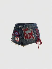 ROMWE Avant Quần short denim mini dáng ôm sát, kiểu dáng thể thao Y2K retro dành cho nữ, chất liệu jersey, có logo thêu, dây rút, cạp thấp, gợi cảm. - Màu xanh lam - Xem 5