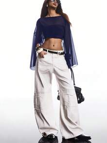 SHEIN EZwear 女士纯色船领披肩短款薄纱上衣 - 藏蓝色 - 查看 5