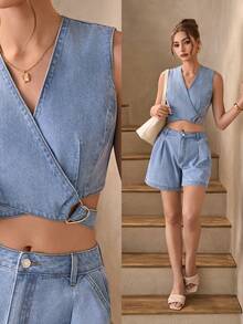 Selenza Women's Summer Casual Vacation Fashion Street Chic Daily Commute Wrap Cropped Denim Vest - Blue - View 8