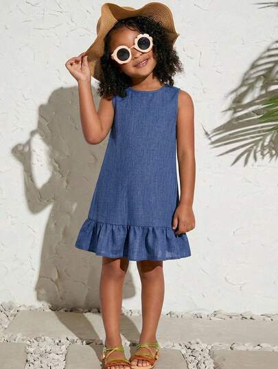 SHEIN Vestido recto azul para niñas con dobladillo con volantes en forma de cola de pez, versátil y de moda casual para salidas y vacaciones