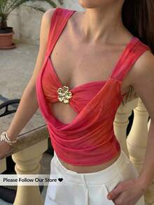 Aloruh 优雅性感度假风短袖露脐上衣，饰有金属3D立体花卉装饰，深V领口网纱透视橙色印花衬衫，沙滩度假装 - 橘色 - 查看 4