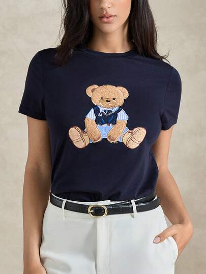Briarwyn Camiseta de manga corta de uso diario versátil y casual con cuello redondo y bordado de oso para mujer, atuendos de verano, atuendos de verano para mujer, atuendos de San Valentín para mujer, atuendo de playa, blusas para salir, camisetas gráficas para mujer