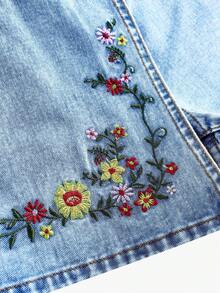 SHEIN 女童花卉刺绣蓝色牛仔裙短裤 - 淺色水洗藍 - 查看 3