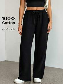 SHEIN Tall Quần ống rộng dáng suông, màu trơn, thắt eo, chất liệu 100% cotton, thích hợp mặc thường ngày, dành cho nữ. - màu đen - Xem 5