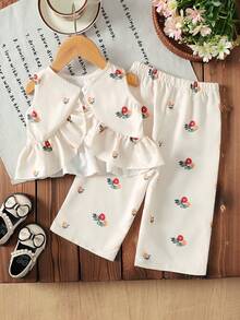 2件套女婴樱桃印花梭织背心和裤子套装 - 杏色 - 查看 4