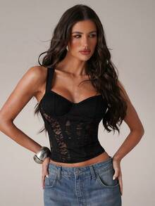 SHEIN BAE 女士性感蕾丝拼接不对称吊带露脐上衣，适合夜店、约会、音乐节、派对等场合，紧身胸衣 - 黑色 - 查看 1