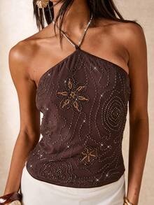 SHEIN BAE 性感闪亮串珠刺绣吊带上衣，适合在法国南部海滩度假、意大利海滩穿着，款式多样，包括沙滩上衣、串珠上衣、装饰上衣、复古上衣、音乐节和派对等场合。 - 棕色 - 查看 4