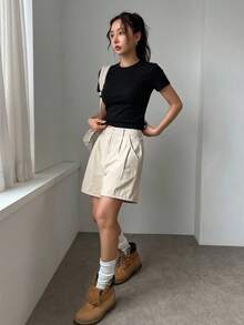 DAZY 女士纯棉圆领短袖修身纯色T恤，夏季 - 黑色 - 查看 5