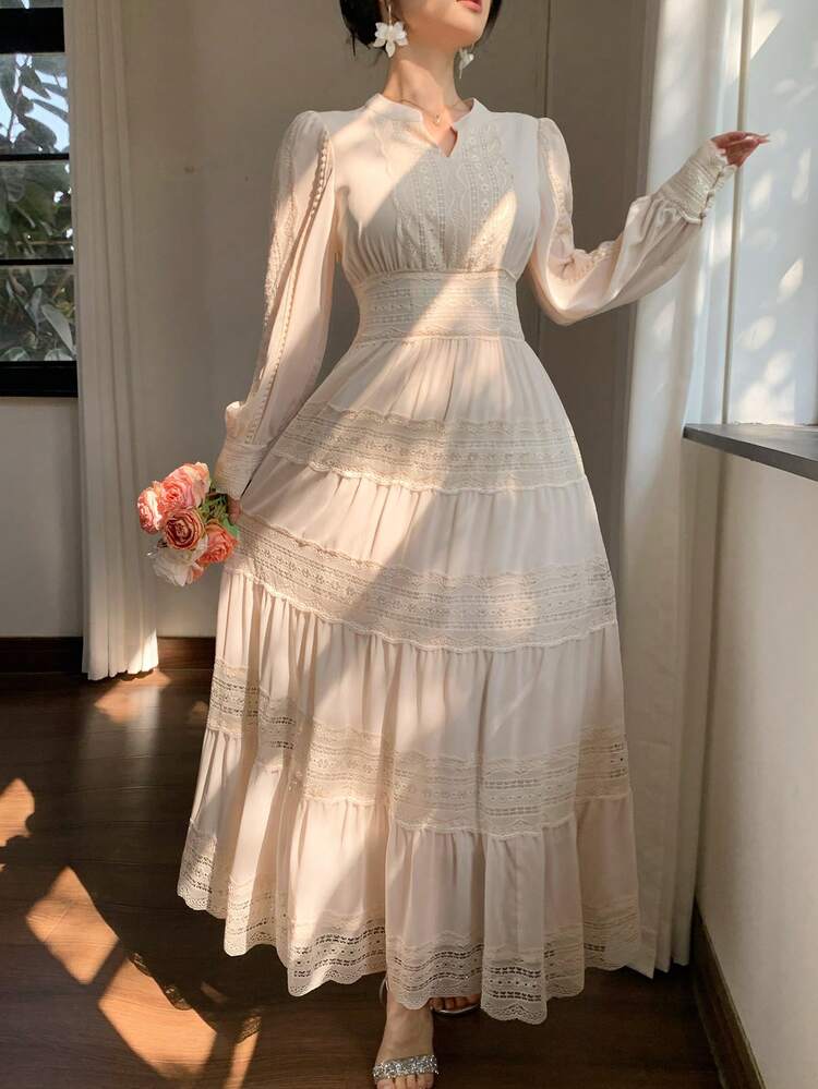 Women's Elegant Solid Color Lace Splice V-Neck Long Sleeve Dress, Valentine Outfits For Women Dress Sundress