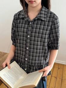 DAZY Tween Girls Plaid Collar Short Sleeve Shirt, Fall - Black and White - View 5