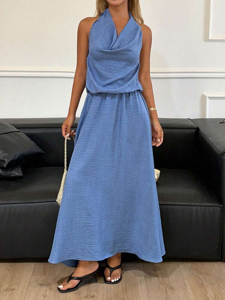 Women's Casual Solid Color Draped Neck Dress, Summer Sundress