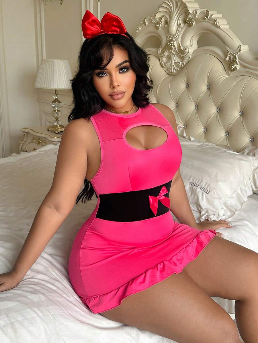 Spicy Aura 2pcs Role Play Officer Costume, Contrast Color Waist Cinching Ruffle Hem Cute & Sweet Plus Size Lingerie Set - Hot Pink - View 1