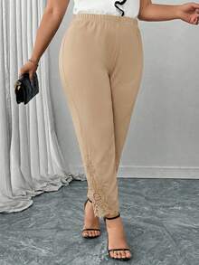 Reflora Plus Size Women Casual/Work Solid Color Lace Trim Pants - Apricot - View 3