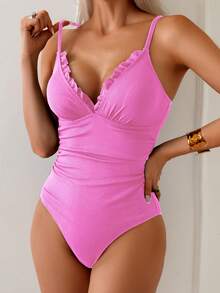 SHEIN Swim 女士纯色荷叶边系带连体泳衣，休闲度假连体泳衣，女士连体泳衣，女士泳装，女士泳衣，全包臀泳衣 - 粉色 - 查看 3