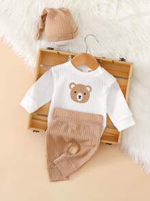 SHEIN Cute Little Bear Head Pattern Printed Flowered Shoulder Newborn Shooting Clothing - Boys' And Girls' Tops, Pants And Hats Three Pieces Set - Baby Clothing For 1 Month To 100 Days Of Age For Photo Studio Photography. - Khaki - View 3