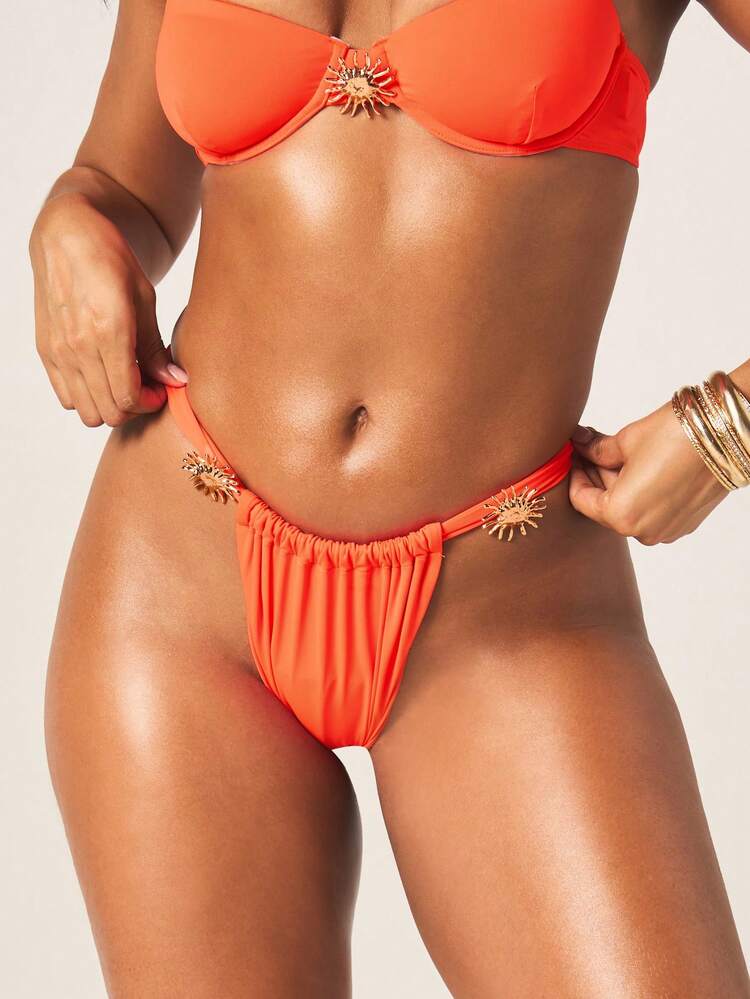 MISSGUIDED Beach High Rise Ruched Bikini Bottoms With Metal Sun Charm Detail Orange Summer Swimwear