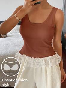 DAZY Lace Patchwork Sleeveless Tank Top For Women - Camel - View 4