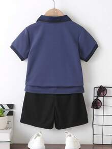 SHEIN Young Boy Summer Casual Sports Daily Commute Embroidered Short Sleeve Polo Shirt - Navy Blue - View 2