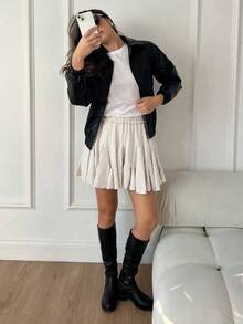 Siren Gaze 女士黑色荷叶边迷你裙，高腰百褶裙，性感迷你裙。返校节短裙，秋季，迷你裙，音乐会。 - 杏色 - 查看 6