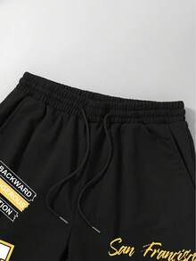 Manfinity Homme Men's Drawstring Waist Pocket Letter & Number Print Casual Versatile Daily Wear Shorts - Black - View 7
