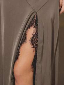 Maija 2026 Women's Lace Patchwork Flare Sleeve Round Neck High Slit Party Dress - Brown - View 7