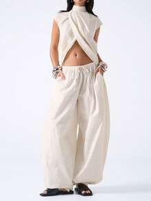 LYSMO 2026 New Arrive Minimalism Spring/Summer Women's Solid Color Stand Collar Asymmetric Hem Top And Wide Leg Pants With Slant Pockets 2 Pieces Set - Beige - View 3