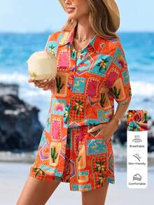 Sylviya Women's Casual Fruit & Floral Print Shirt Set,Orange Red Summer Boho Vacation Holiday Beach Outfits Tropical Outfits For Women - Multicolor - View 6