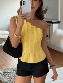 Aloruh Blusa de unicolor sin mangas con diseño plisado, moda de verano para mujeres, vacaciones de verano, top de verano, vacaciones, vacaciones de verano para mujeres, vacaciones de verano, playa - Amarillo - Ver 3