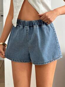 EURMUSE Low Waist Casual Style Medium Blue Wash Regular Fit Elastic Belt Mini Denim Short - Medium Wash - View 1