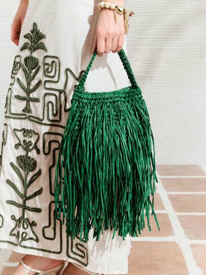 SHECARRY Bolsos de mano para mujer, de moda, sencillos, elegantes, versátiles, de paja, con borlas, para la playa, vacaciones, días festivos, verano,