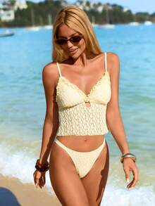 Bellisia Beige & Apricot Jacquard Blumen Süß Retro Lässig Urlaub Strand Damen Camisole Bikini Top - Verschiedenfarbig - Übersicht 5