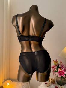 Auralis 2 件套加大码浪漫花卉印花性感文胸和内裤内衣套装，提拉 - 黑色 - 查看 2