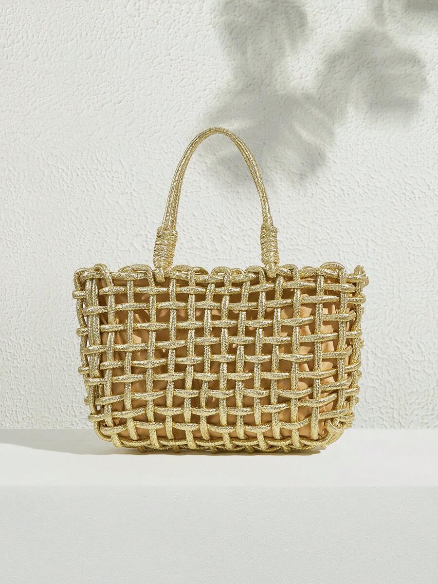 SHECARRY 女士休闲百搭通勤编织手提包 - 金色 - 查看 1