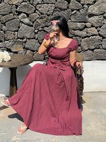 Sunnyshic 加大码法式复古方领衬衫及A字长裙套装，适合夏季外出及日常穿着 - 酒紅色 - 查看 5