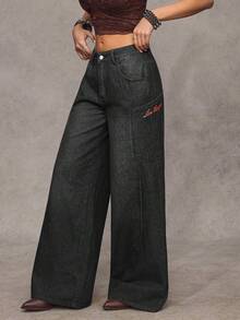 Jeanoix Quần jeans nữ màu đen thêu họa tiết, kiểu dáng rộng rãi, thoải mái, phong cách đường phố. - màu đen - Xem 3